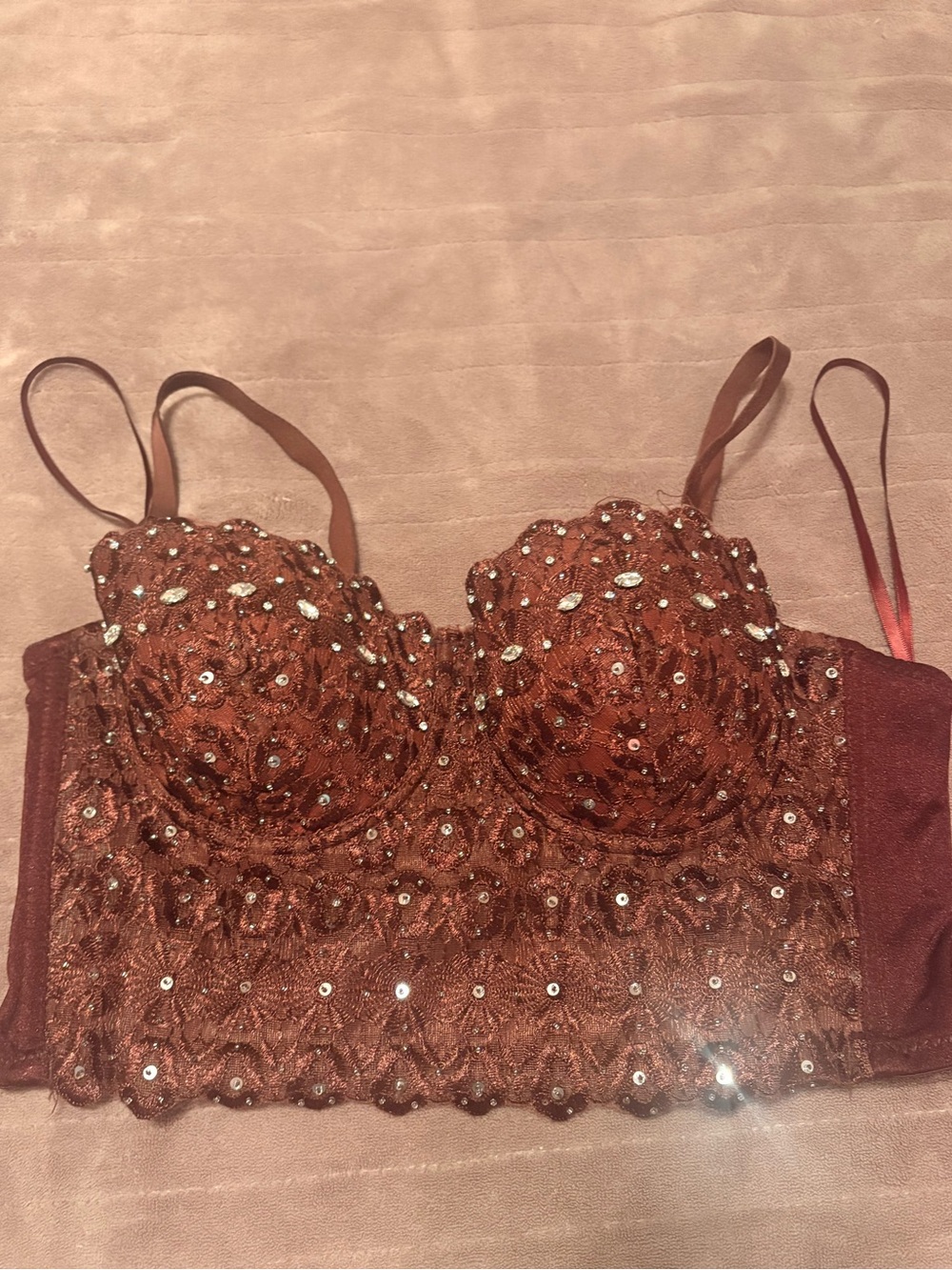 Windsor Brown Lace Rhinestone Sequin Bustier Corset Crop Top Large New